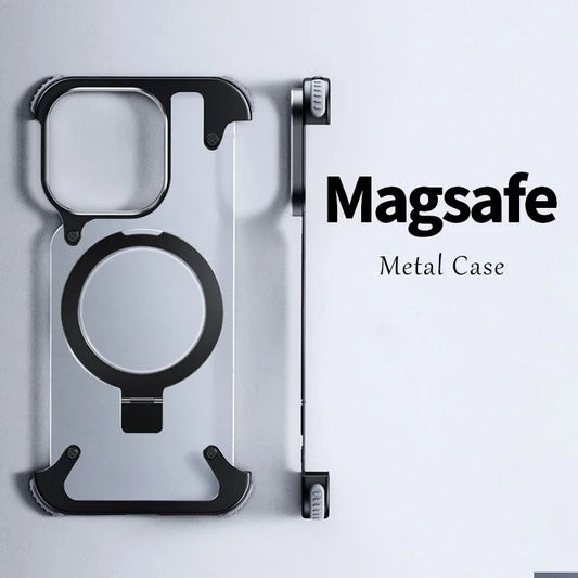 Magnetic Metal Stand Rimless Phone Case For iPhone 13 14 15 Pro Max 15 Plus Aluminum Lens Phone Shell Frosted Matte Back Cover ShopOnlyDeal
