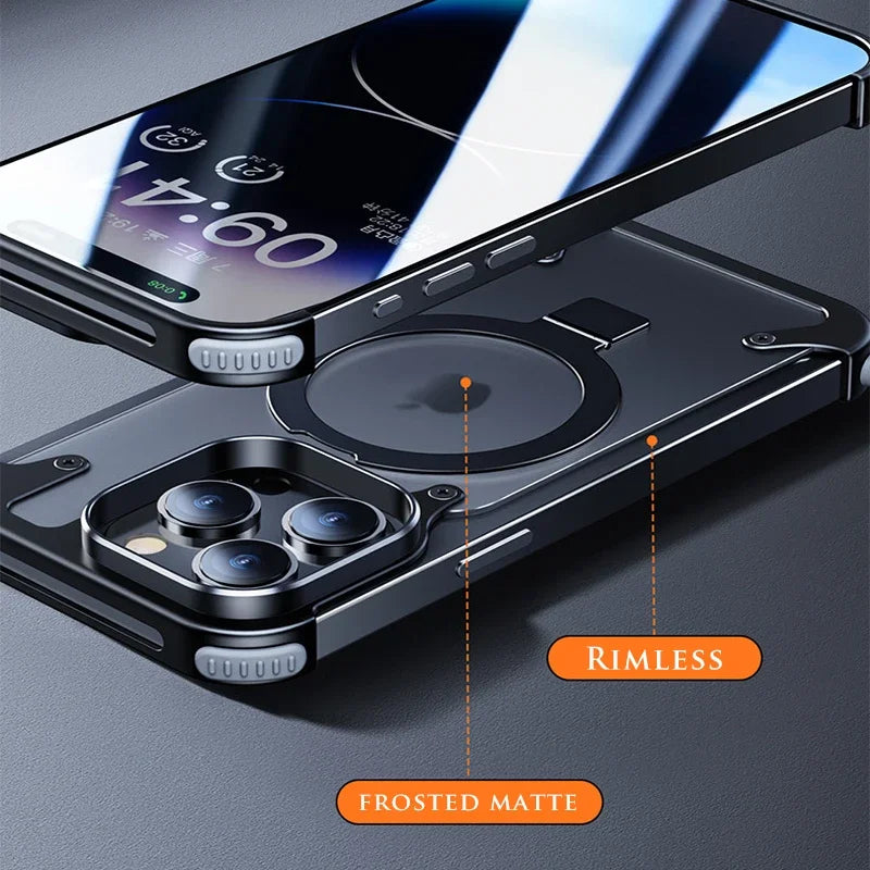 Magnetic Metal Stand Rimless Phone Case For iPhone 13 14 15 Pro Max 15 Plus Aluminum Lens Phone Shell Frosted Matte Back Cover ShopOnlyDeal