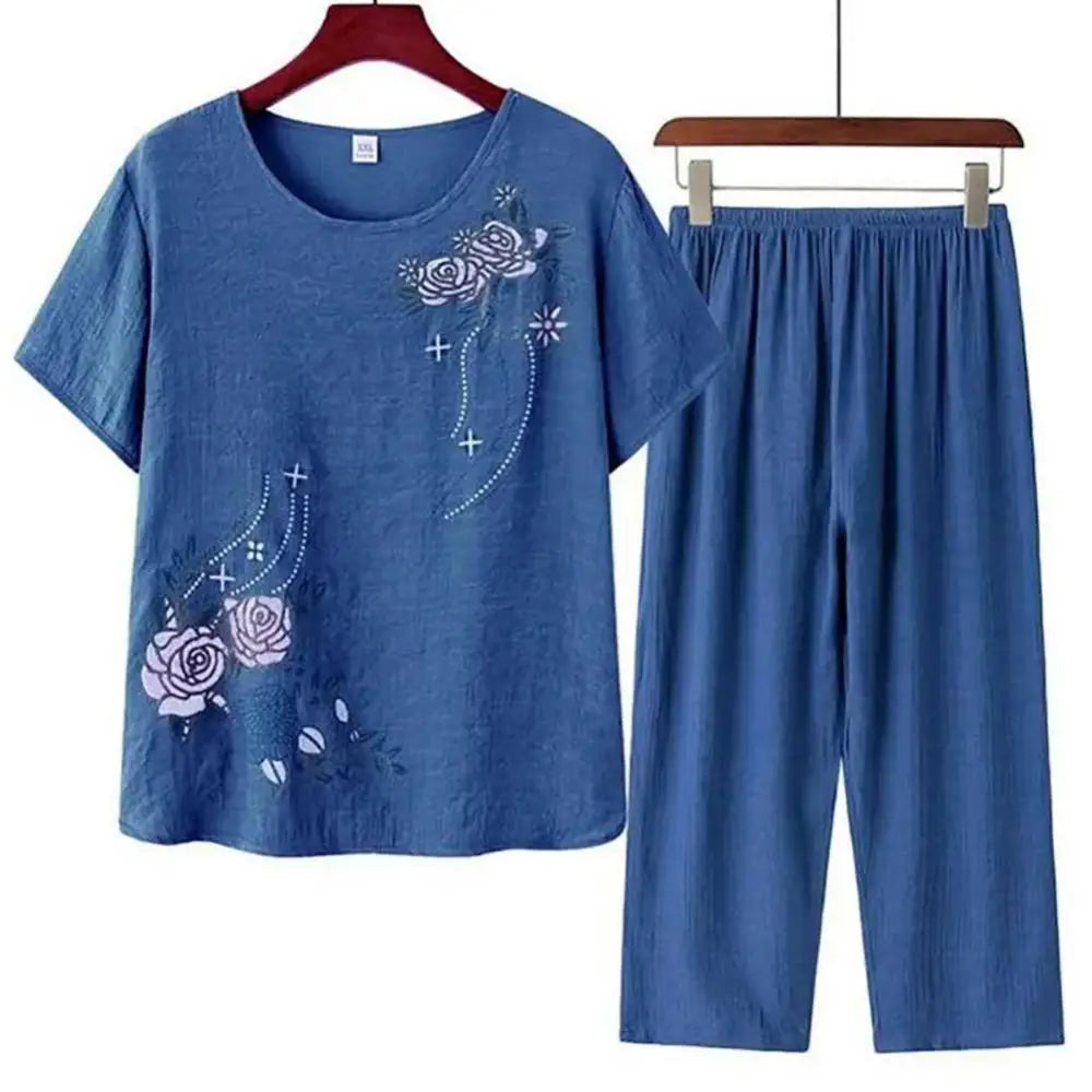 Middle-Aged and Elderly Women's Summer Short Sleeve Floral Print Loose Cotton Linen T-Shirt Top and Wide-Leg Pant 2PCS Set | Mother Suit ShopOnlyDeal