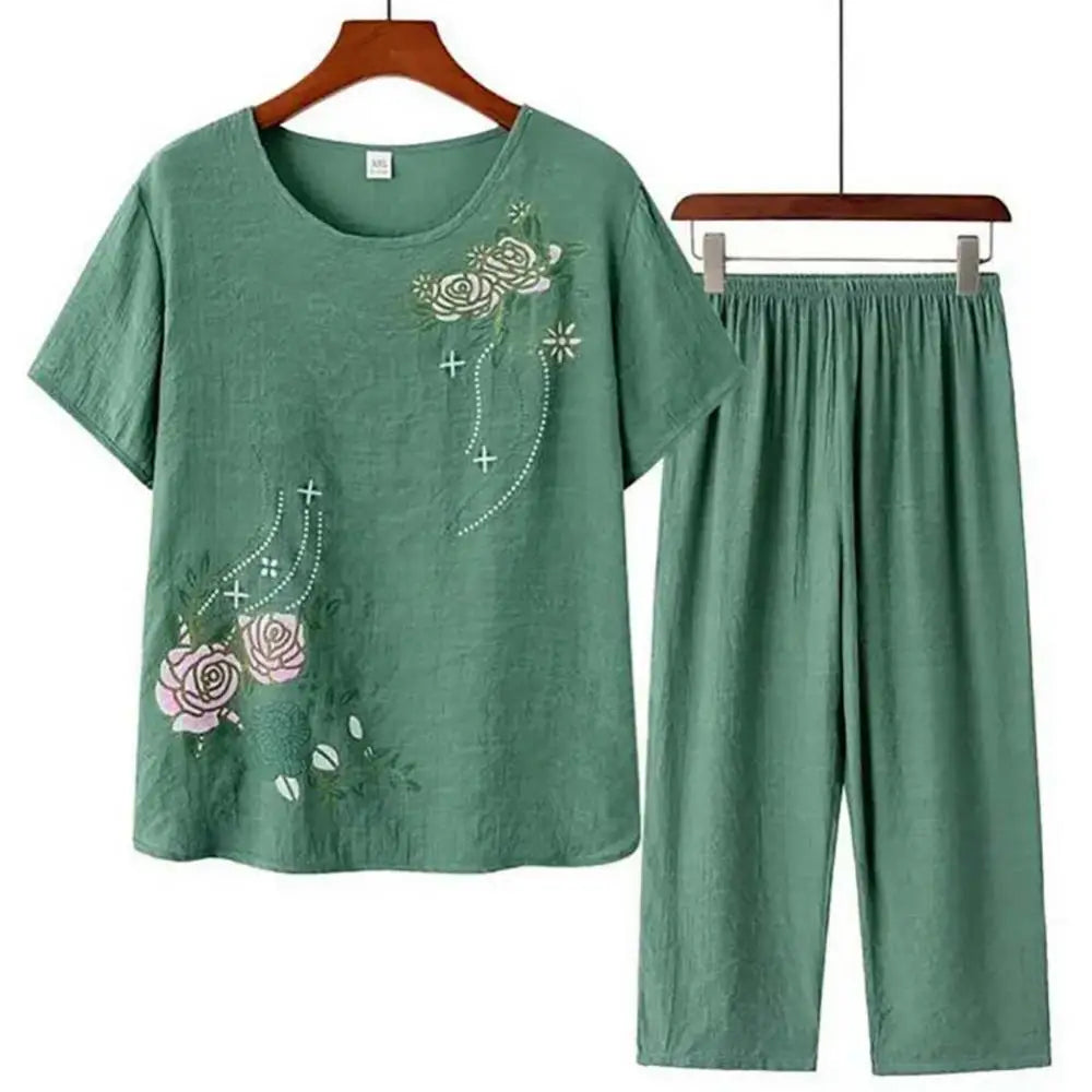 Middle-Aged and Elderly Women's Summer Short Sleeve Floral Print Loose Cotton Linen T-Shirt Top and Wide-Leg Pant 2PCS Set | Mother Suit ShopOnlyDeal