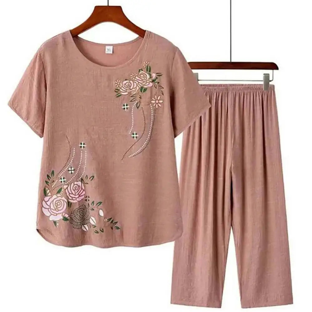 Middle-Aged and Elderly Women's Summer Short Sleeve Floral Print Loose Cotton Linen T-Shirt Top and Wide-Leg Pant 2PCS Set | Mother Suit ShopOnlyDeal