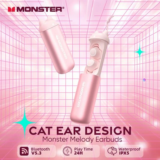 Monster Melody TWS Earbuds Cute Cat Ear Wireless Bluetooth 5.3 in-Ear Earphones IPX5 Waterproof Sports Gaming Headphone with Mic ShopOnlyDeal