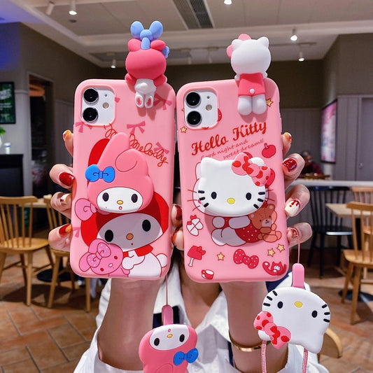 My Melody Hello Kitty For iPhone 6 6s 7 8 X Xs Max XR 11 12 13 14 15 Pro SE Max Case TPU Soft Phone Case With Holder Strap Rope ShopOnlyDeal