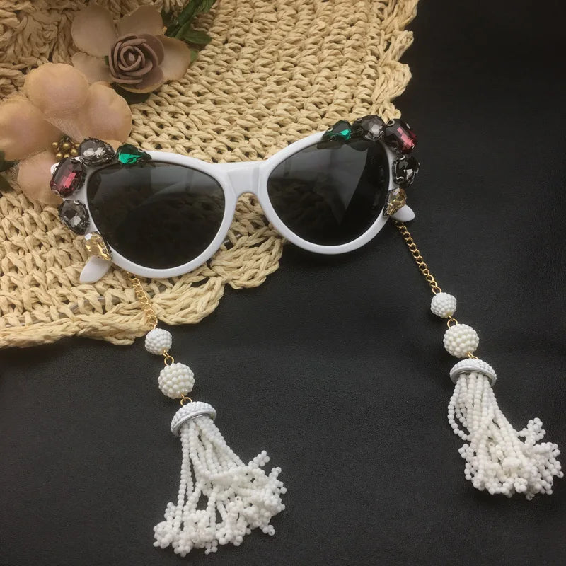 Fashion Baroque Crystal Cat Eye Sunglasses for Women | Girls Retro Long Pearl Tassel Sunglasses | Summer Beach Glasses ShopOnlyDeal