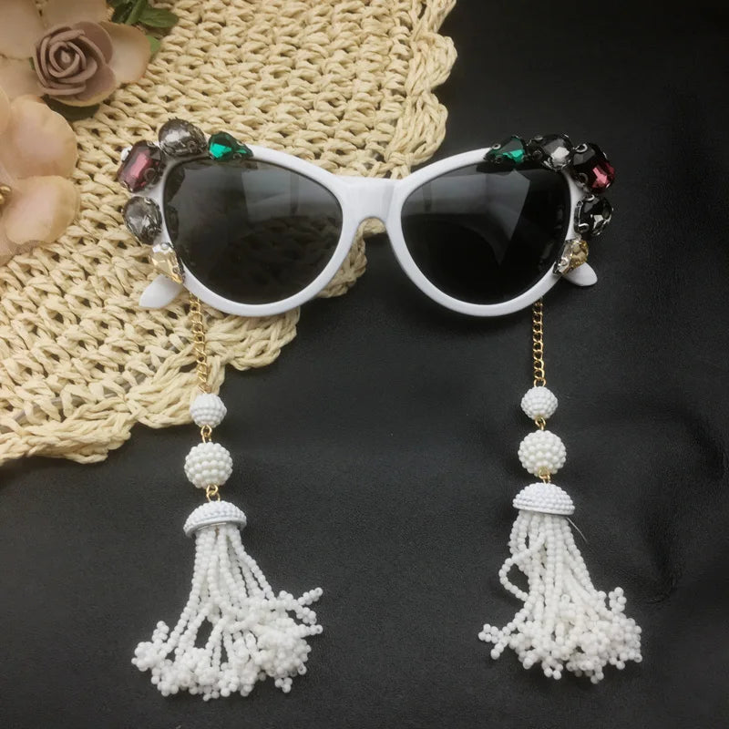 Fashion Baroque Crystal Cat Eye Sunglasses for Women | Girls Retro Long Pearl Tassel Sunglasses | Summer Beach Glasses ShopOnlyDeal