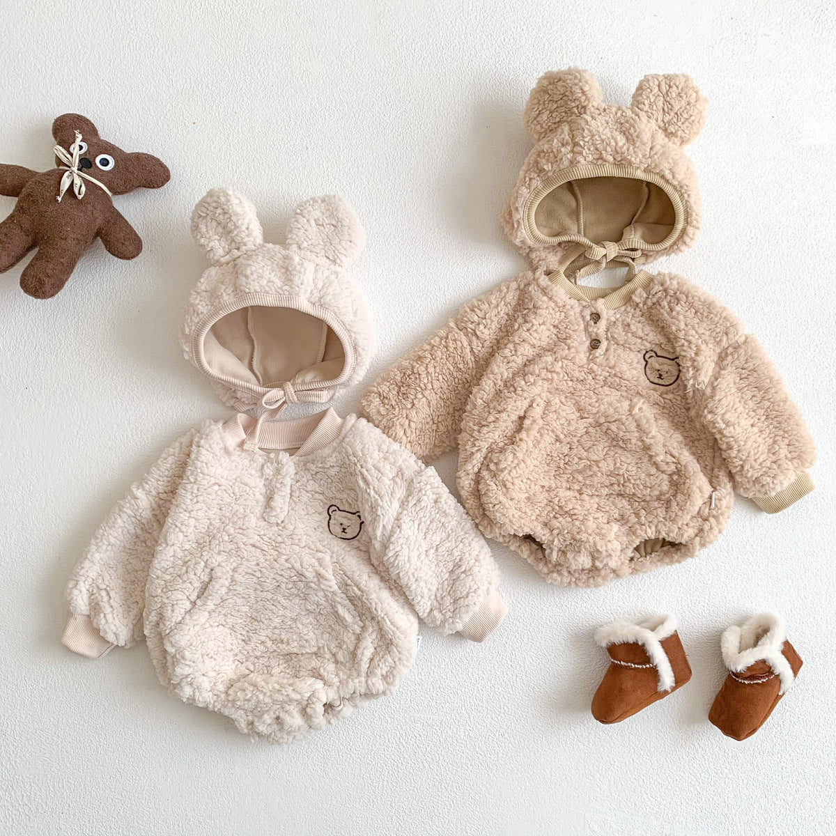 Autumn and winter ins baby clothes cute little bear baby plus velvet romper crawling clothes warm double-sided velvet fart clothes with hood ShopOnlyDeal