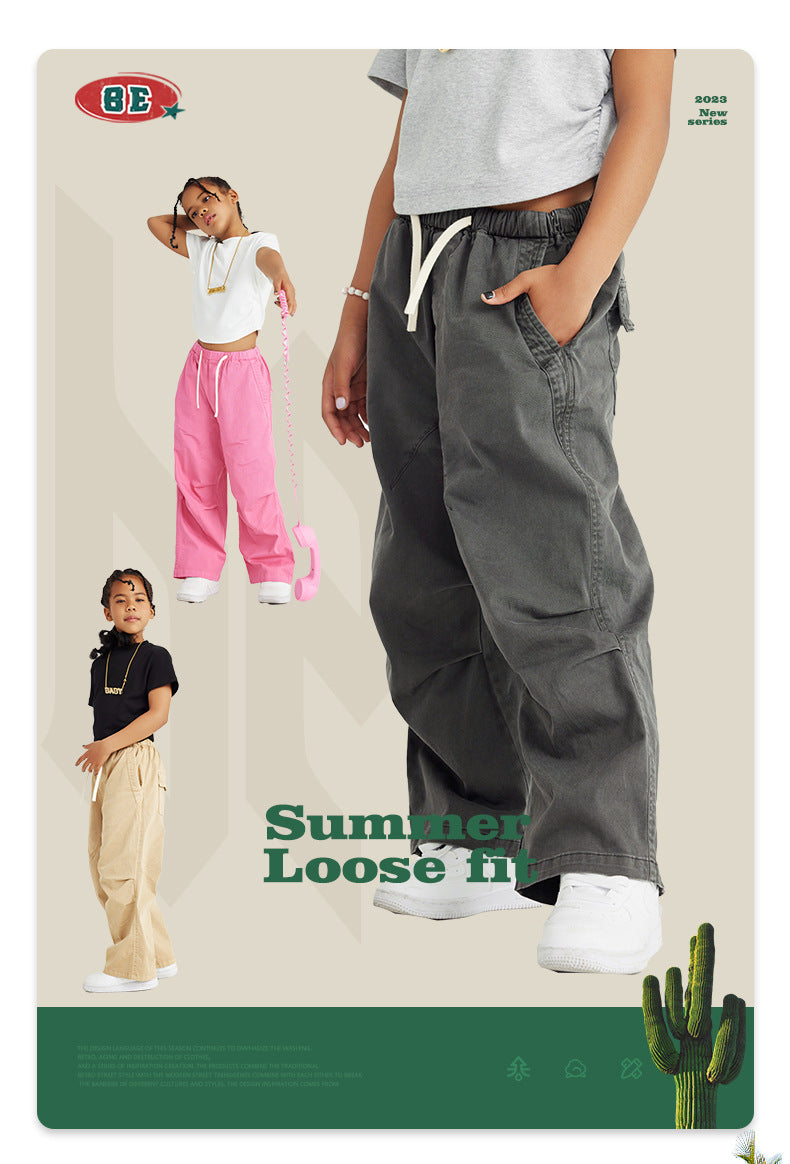 Street-Made Children's Wear Dopamine Wear | Washed Pleated Woven Trousers for Boys and Girls | Children's Hip-Hop Loose Trousers ShopOnlyDeal