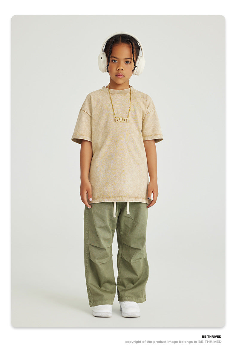 Street-Made Children's Wear Dopamine Wear | Washed Pleated Woven Trousers for Boys and Girls | Children's Hip-Hop Loose Trousers ShopOnlyDeal