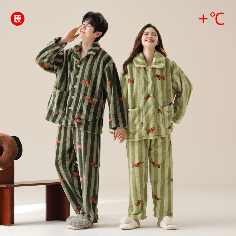 Autumn and Winter Couple Pajamas Women's Coral Fleece Dachshund Cartoon Warm Home Clothes Set ShopOnlyDeal