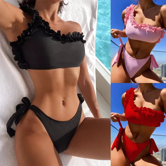 Internet Celebrity Ins Style Gyaru Bikinis One Shoulder Wooden Ear Lace-up Split Swimsuit European and American Sexy Bikini Swimsuit ShopOnlyDeal