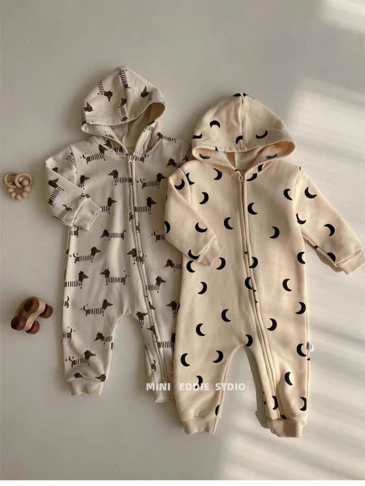 Korean version of ins moon and puppy pattern side zipper long climbing hooded spring and autumn one-piece climbing clothes for boys and girls baby cottonsettings ShopOnlyDeal