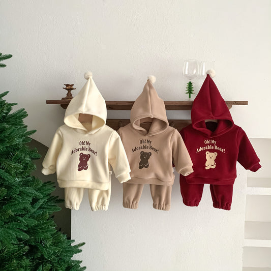 New style children's clothing bear children's sweater jacket plus velvet boys and girls baby clothes winter warm hooded tops stylish ShopOnlyDeal