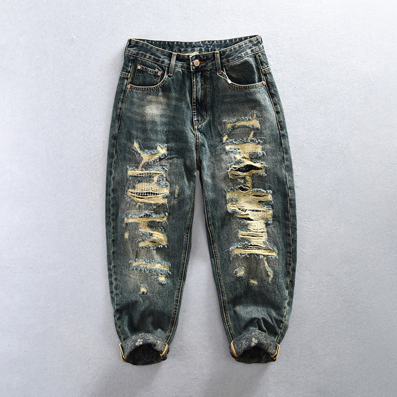 1030-2 Men's ripped washed retro denim casual trousers punk trendy hip-hop jeans drop shipping ShopOnlyDeal