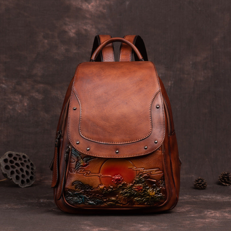 2023 Cowhide Women's Bag Large Capacity Backpack Retro Embossed Craft Women's Bag Guangzhou Factory Direct ShopOnlyDeal