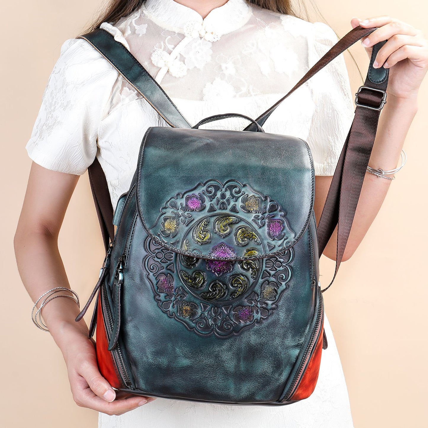 new women's bag genuine leather backpack ethnic style retro hand-rubbed color first layer cowhide backpack wholesale ShopOnlyDeal