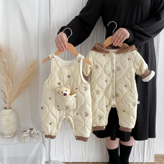 2024 Korean version of baby autumn and winter clothes plus velvet boys and girls baby jumpsuit outer wear super cute thick warm hooded crawling clothes ShopOnlyDeal