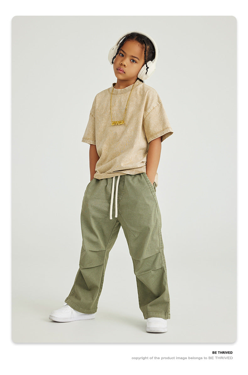 Street-Made Children's Wear Dopamine Wear | Washed Pleated Woven Trousers for Boys and Girls | Children's Hip-Hop Loose Trousers ShopOnlyDeal