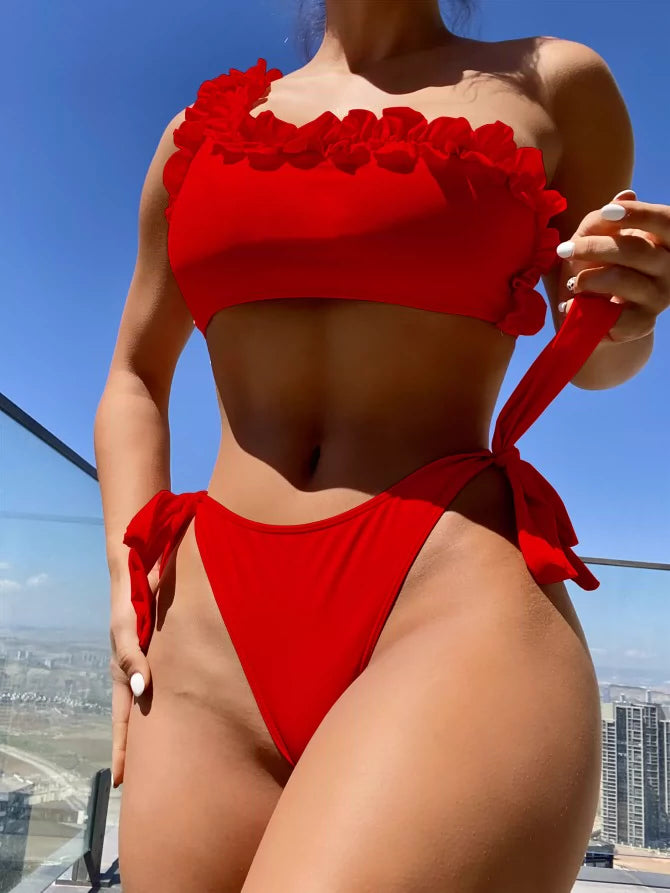 Internet Celebrity Ins Style Gyaru Bikinis One Shoulder Wooden Ear Lace-up Split Swimsuit European and American Sexy Bikini Swimsuit ShopOnlyDeal