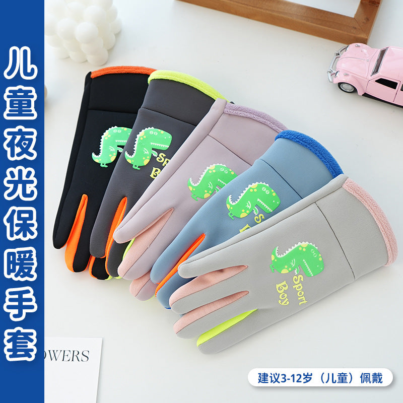 New autumn and winter children's gloves for boys and girls cartoon luminous little dinosaur outdoor sports snow playing waterproof warm handssettings ShopOnlyDeal