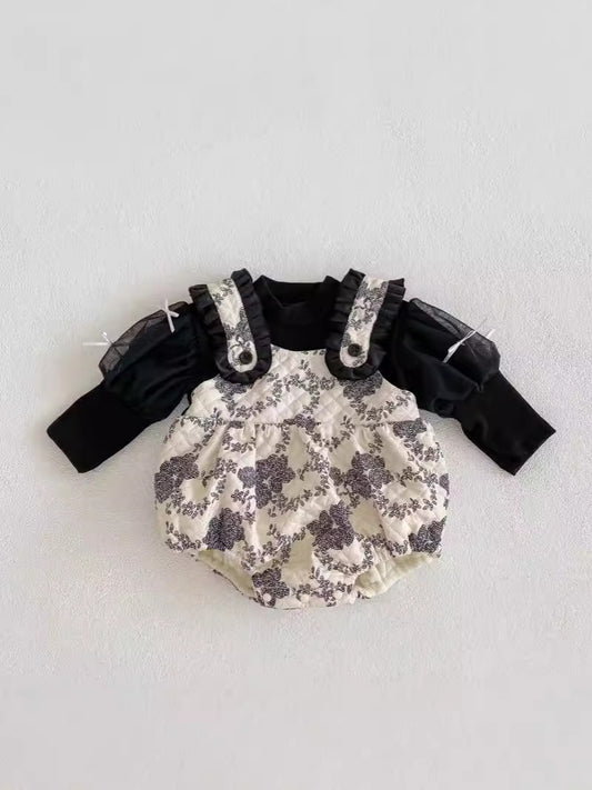 INS Korean children's clothing autumn and winter girls' baby floral sling quilted crawling clothes fashionable one-year-old clothes princess style romper crawling clothessettings ShopOnlyDeal