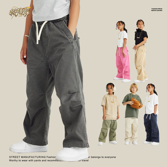 Street-made children's wear dopamine wear washed pleated woven trousers for boys and girls children's hip-hop loose trousers ShopOnlyDeal