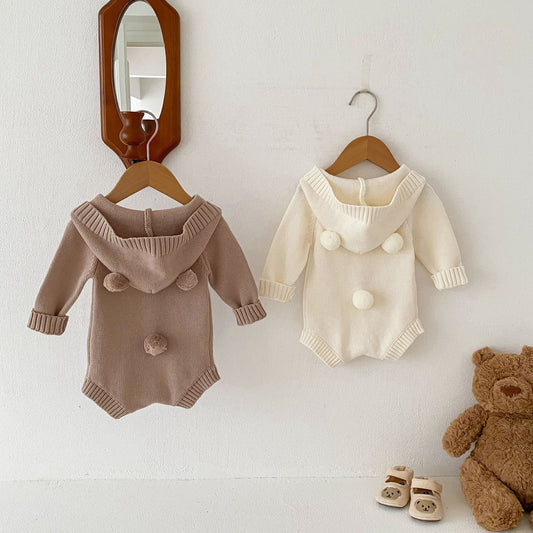 Korean version of infant baby ins autumn and winter new knitted hooded romper 2024 baby autumn sweater crawling clothes ShopOnlyDeal