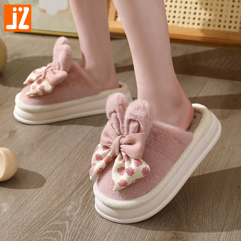 Bowknot cotton slippers for women autumn and winter wholesale warm indoor cute casual home cotton shoes girls plush slippers ShopOnlyDeal