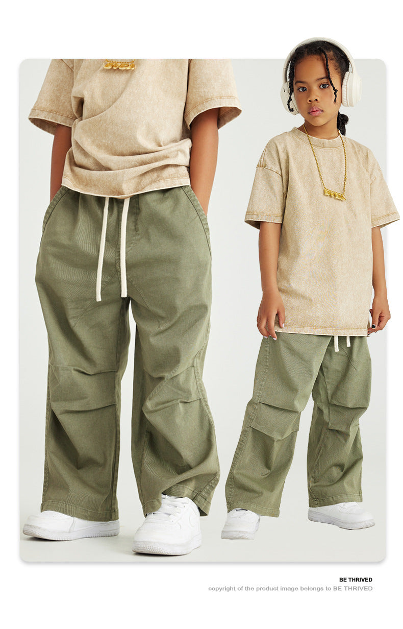 Street-Made Children's Wear Dopamine Wear | Washed Pleated Woven Trousers for Boys and Girls | Children's Hip-Hop Loose Trousers ShopOnlyDeal