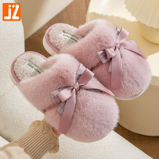 New style indoor home warm non-slip thick bottom fur slippers bow cotton slippers for girls couples winter wholesale ShopOnlyDeal