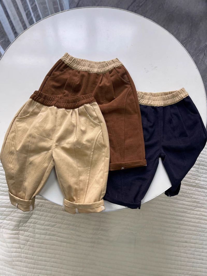 Korean version of ins boys and girls casual pants forest style outer wear trousers versatile style spring and autumn season thick material solid color rubber band pantssettings ShopOnlyDeal