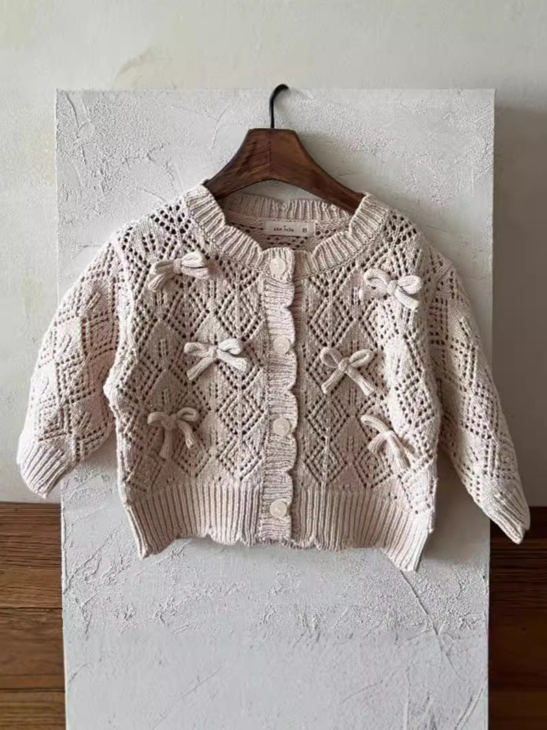 Korean version of ins hollow knitted jacket bow lace nine-point sleeve round neck female baby spring and autumn lazy three-dimensional cardigansettings ShopOnlyDeal