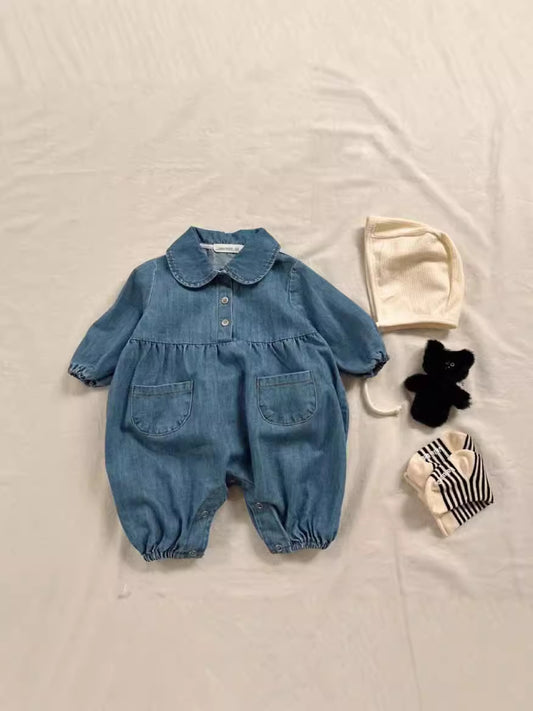 Korean version of the new autumn baby jumpsuits for boys and girls ins pure color stylish cute lapel denim short climbing clothessettings ShopOnlyDeal