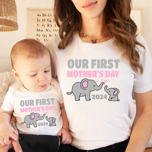 Our First Mother's Day 2024 Print Family Outfit | Casual Short Sleeve Matching Set | Baby Romper + Mom T-shirt | Holiday Party Clothes ShopOnlyDeal