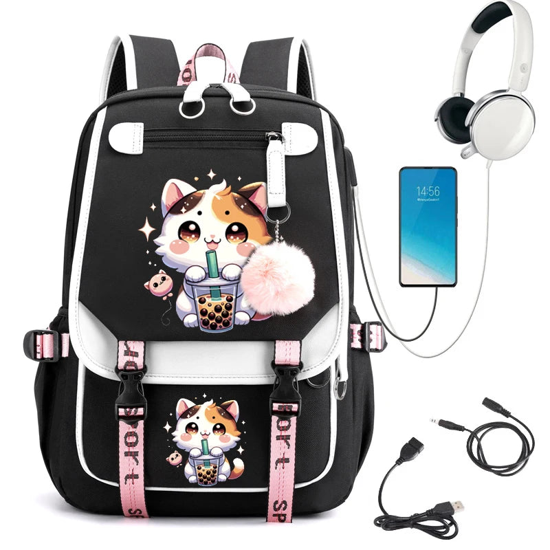 College Students Backpack Girl Travel School Backpack Fashion Leisure Bagpack Boba Anime Cat Laptop School Bags Usb Bookbags ShopOnlyDeal