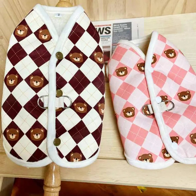 Autumn/Winter Pet Dog/Cat Clothes Diamond Checkered Bear Cotton Coat with Scarf Pet Vest Plush Pullable Coat dog clothes ShopOnlyDeal