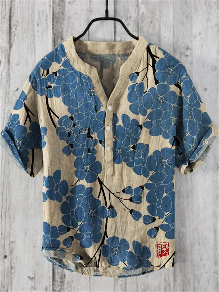 Japanese Pattern Henry Shirt | Men's Casual Short Sleeved T-Shirt | Floral Print Clothing | 2024 Summer New Top | S-5XL ShopOnlyDeal