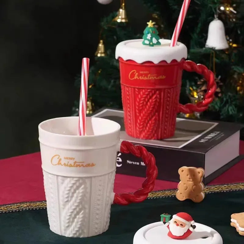 Creative Christmas Mug Ceramic Water Cup with High Appearance and Lid Straw Cup Holiday Gift ShopOnlyDeal