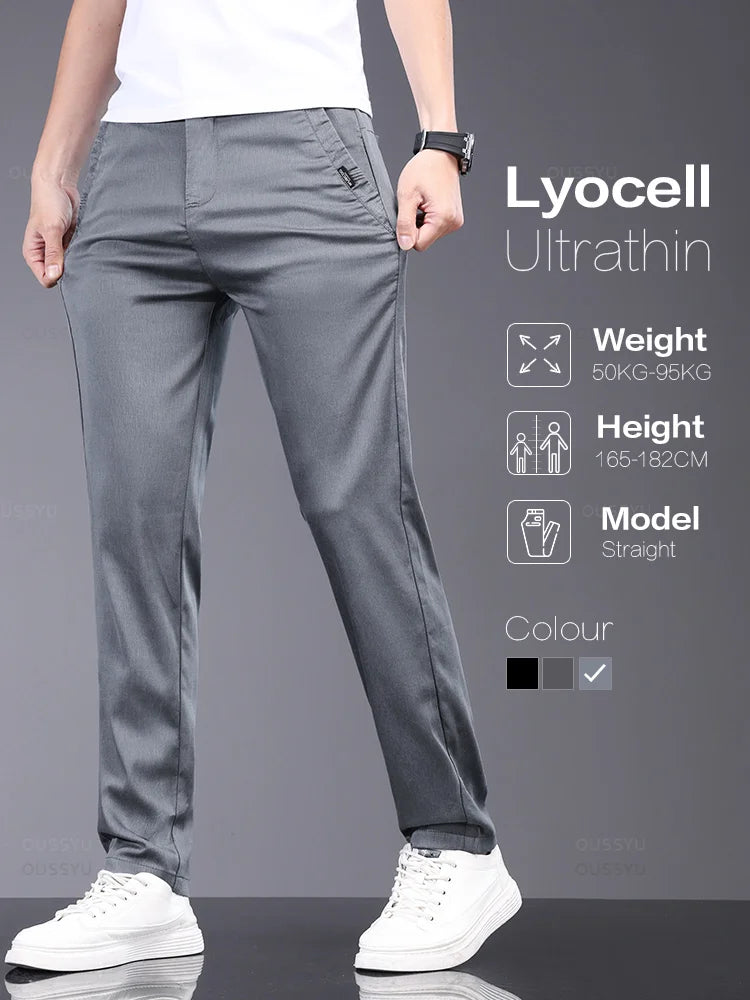 Spring Summer Soft Stretch Lyocell Fabric Men's Casual Pants Thin Slim Elastic Waist Business Grey Trousers Male ShopOnlyDeal