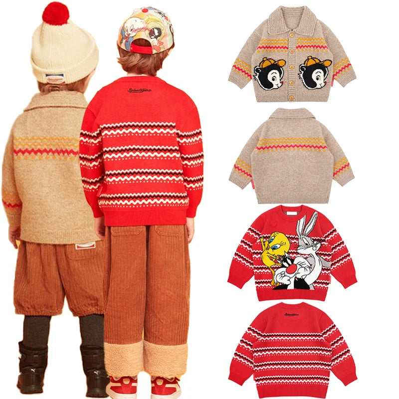 Autumn Winter 2024 New Boys Light Brown Knitted Cardigan Sweater Girls Flower Red Pullover Knitted Sweater Kids Warm Top ShopOnlyDeal