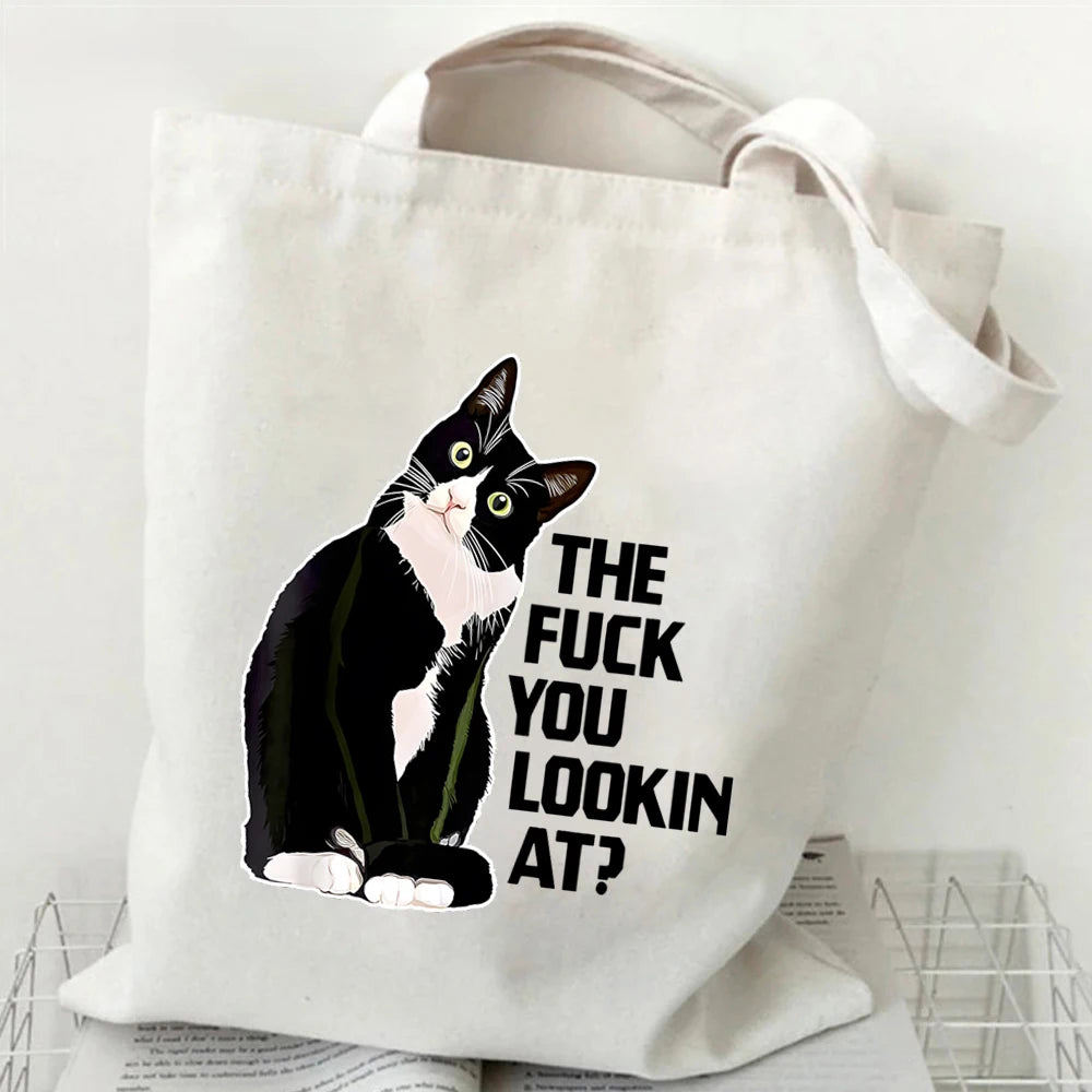 New Cat Series Women Tote Bags Cute Cow Cat Print Canvas Eco Handbag High Capacity Harajuku Fashion Cat Lovers Teen Shoulder Bag ShopOnlyDeal