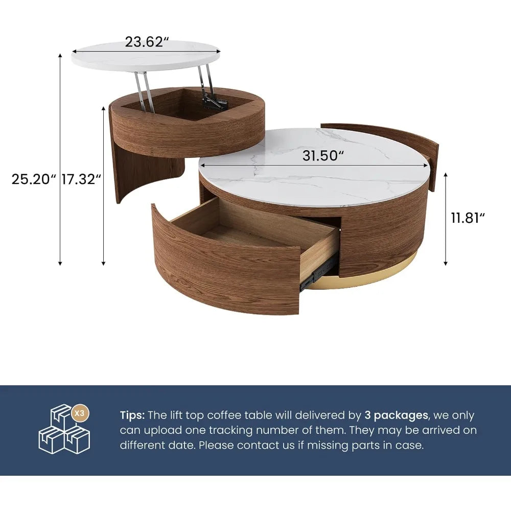 Round Lift Top Coffee Table with Storage Drawers and Hidden Compartment, Sintered Stone Top,31.5" Wood Coffee Table Center Table ShopOnlyDeal