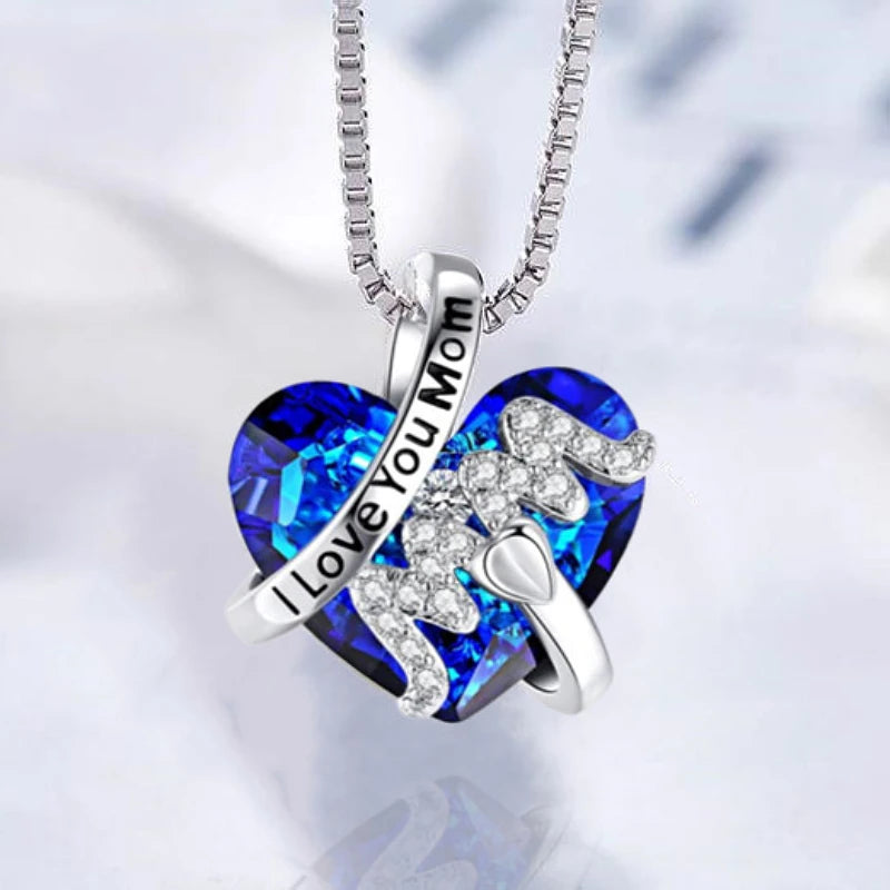 Luxury Fashion "Mom" Pendant Necklace Red Blue Heart Crystal Jewelry Ladies Anniversary Birthday Christmas Mother's Day Gift ShopOnlyDeal