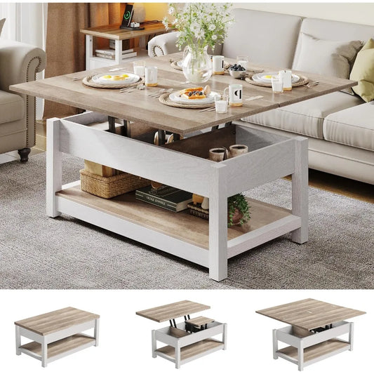 Lift Top Coffee Table, 3 in 1 Multi-Function Coffee Tables with Storage for Living Room, Farmhouse Modern Dining Table ShopOnlyDeal