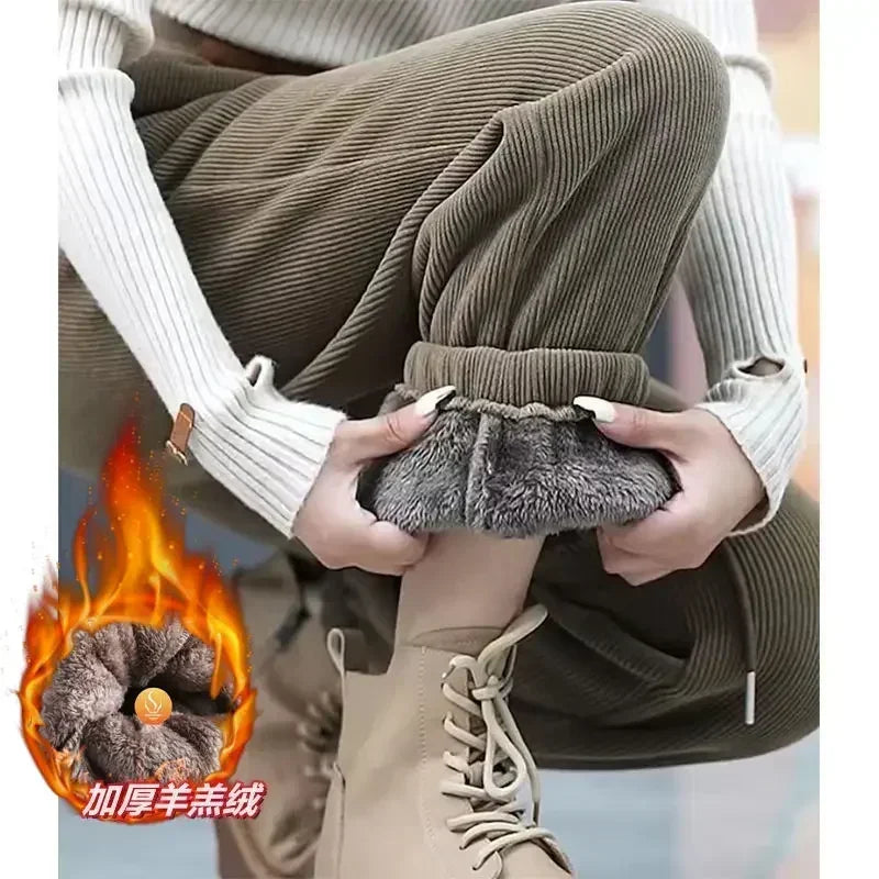 2024 Winter Thickened and Padded Corduroy Pants Women New Women's Loose Bunched Feet Harlan Pants Sweatpants Women ShopOnlyDeal