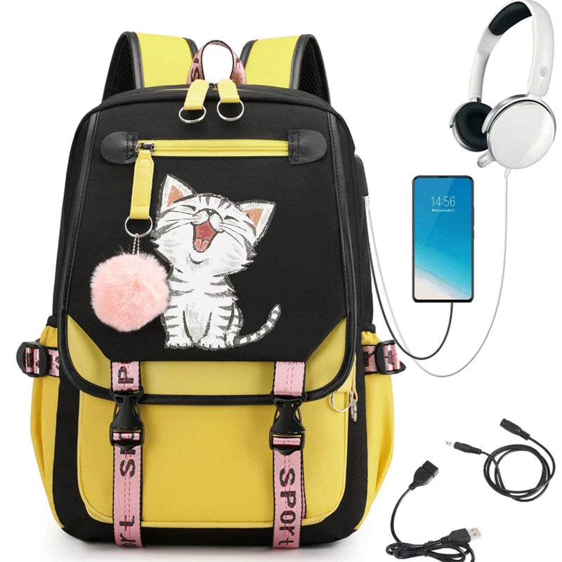 Travel Backpack Kawaii Cat Print | Schoolbag with USB Charging | Large Capacity Laptop Waterproof Bookbag | Fashion Backpack Bags ShopOnlyDeal