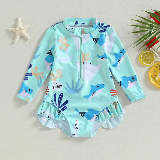 Kids Girls Bikini Long Sleeve Swimsuit Stand Collar Sea Animal Print Swimwear for Summer Beach ShopOnlyDeal