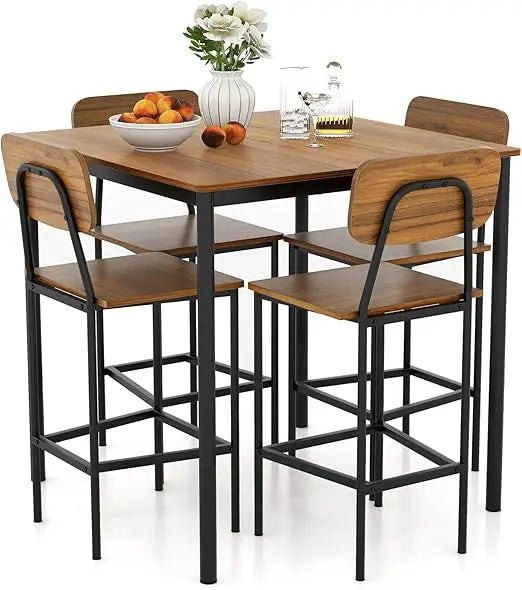 5-Piece Dining Table Set W/Counter Height Table & 4 Bar Stools, Modern Kitchen Dining Set W/Footrest & Backrest ShopOnlyDeal