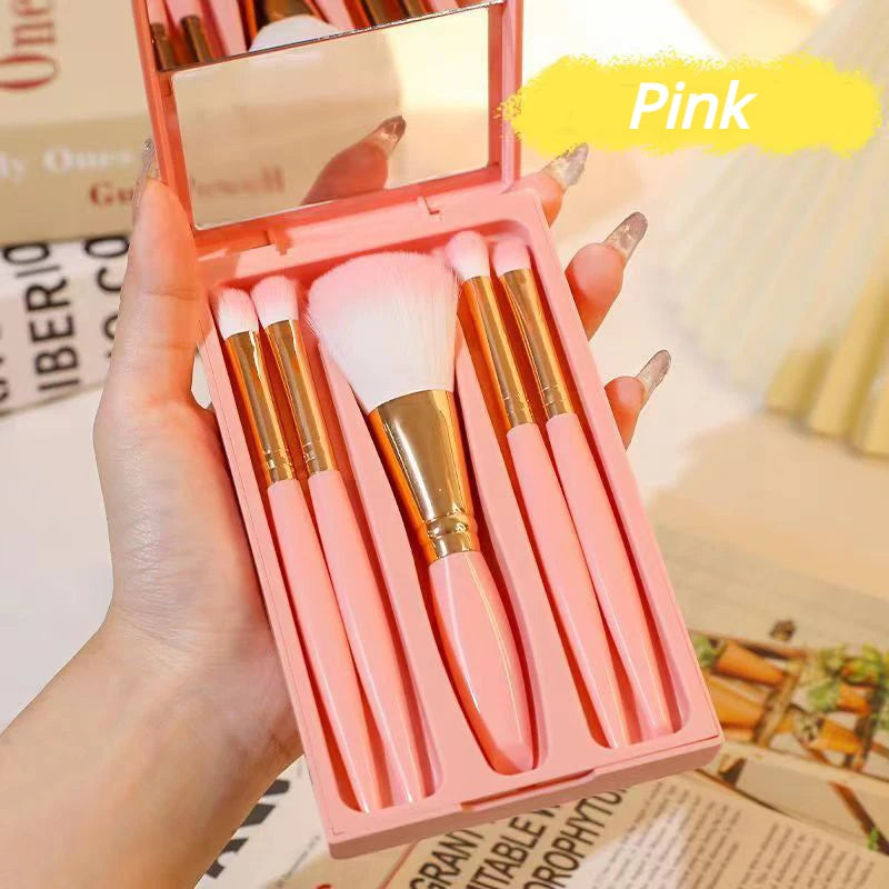 5Pcs Travel Makeup Brushes Set Portable Mini Cosmetic Brush with Mirror Case Powder Blending Eyeshadow Brush Beauty Make Up Tool ShopOnlyDeal