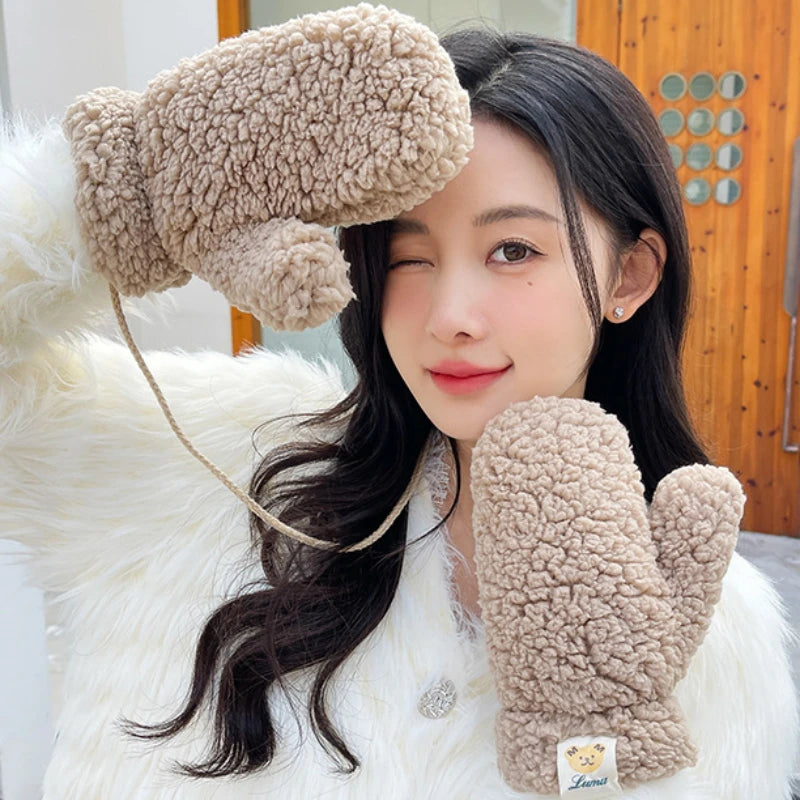 Women Winter Wool Fleece Cute Bear Label Gloves Girls Halter Neck Students Outdoor sport Riding Thickened Keep Warm Mittens ShopOnlyDeal