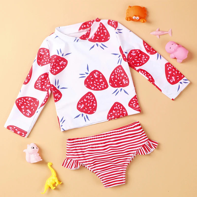 High Quality Strawberry Swimwear for Girls Swimming Clothing Long Sleeve Beachwear Bathing Suit Two Piece Swimsuit ShopOnlyDeal